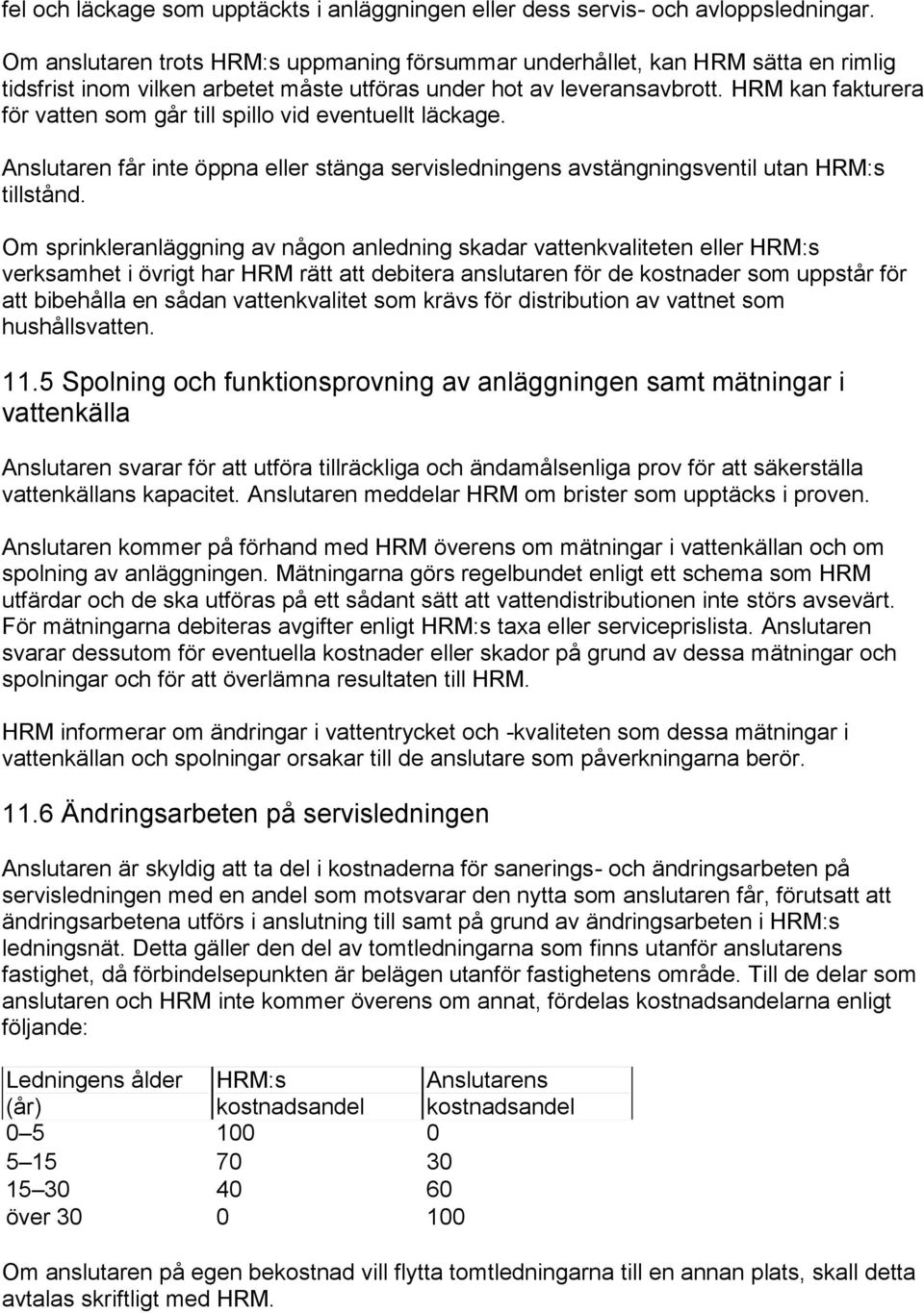 HRM kan fakturera för vatten som går till spillo vid eventuellt läckage. Anslutaren får inte öppna eller stänga servisledningens avstängningsventil utan HRM:s tillstånd.