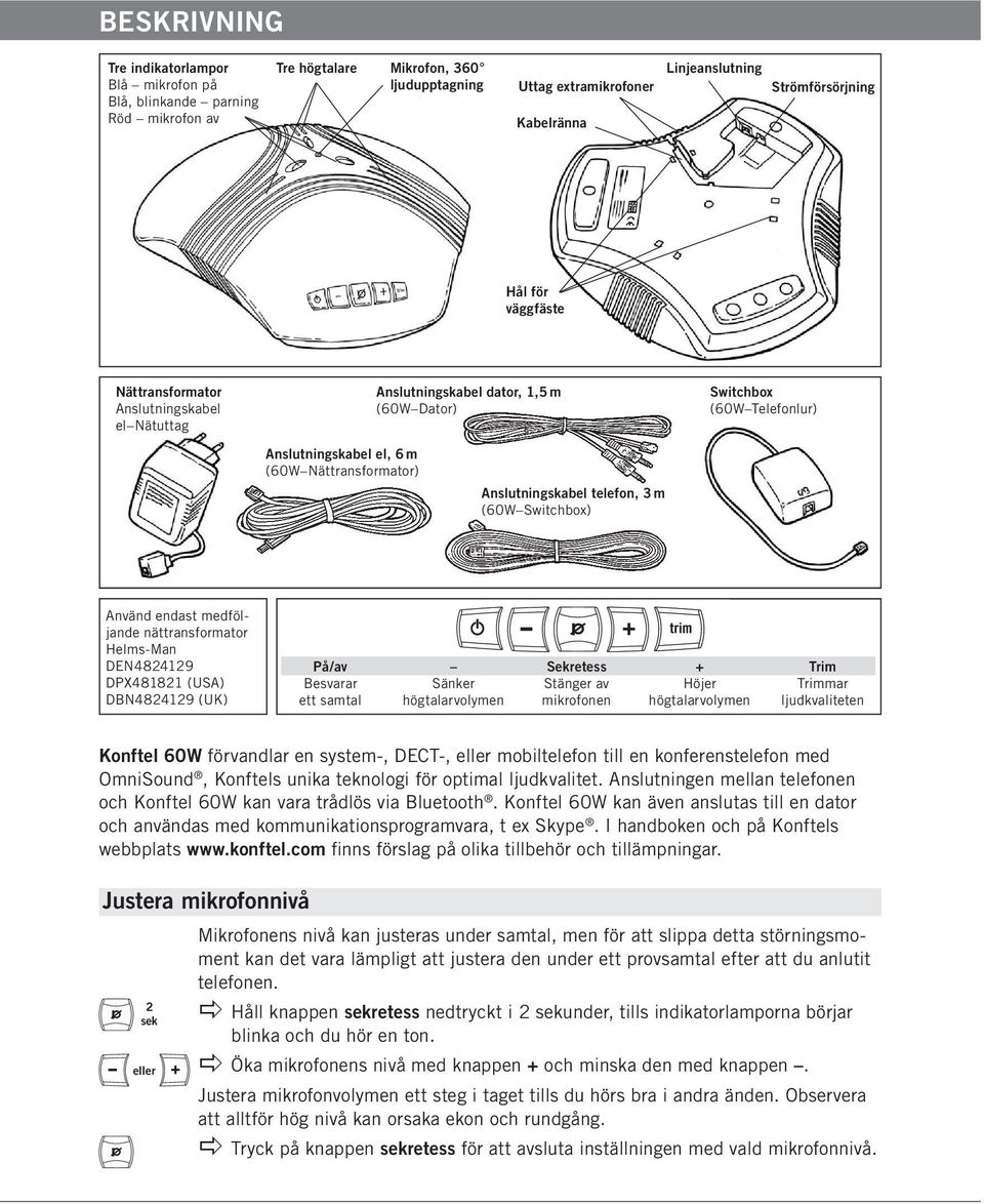 endast medföljande nättransformator Helms-Man DEN4824129 DPX481821 (USA) DBN4824129 (UK) På/av Besvarar ett samtal Sänker högtalarvolymen Sekretess Stänger av mikrofonen + Höjer högtalarvolymen Trim