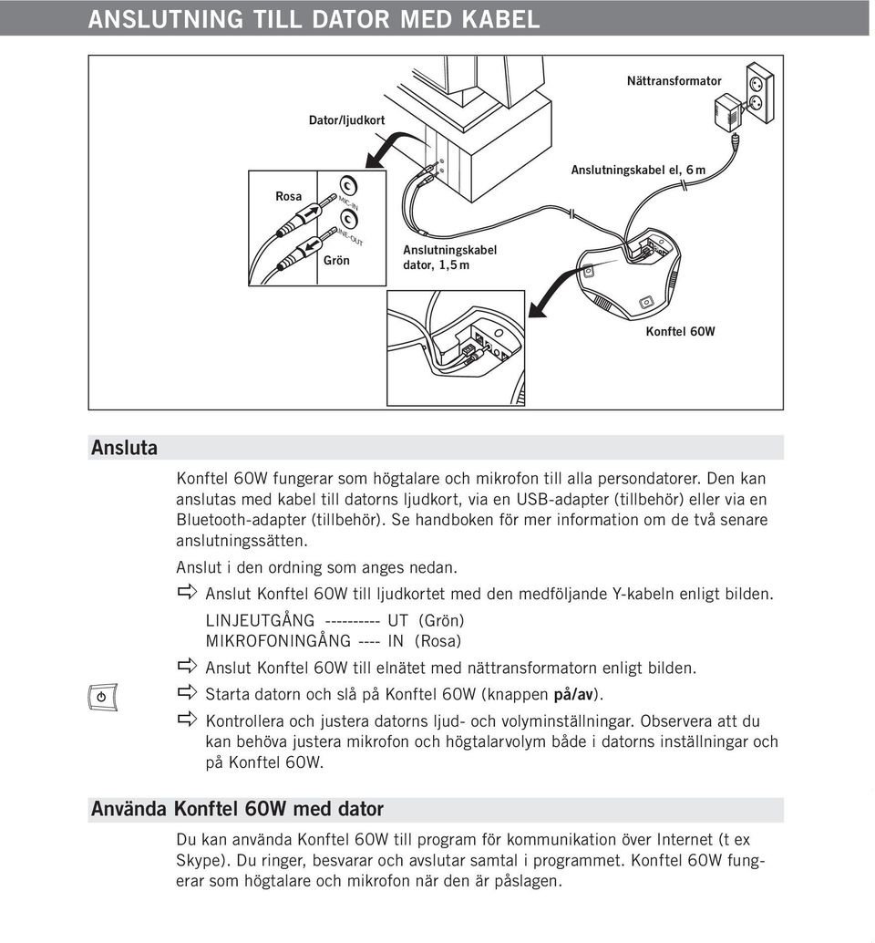 Se handboken för mer information om de två senare anslutningssätten. Anslut i den ordning som anges nedan. apple Anslut Konftel 60W till ljudkortet med den medföljande Y-kabeln enligt bilden.