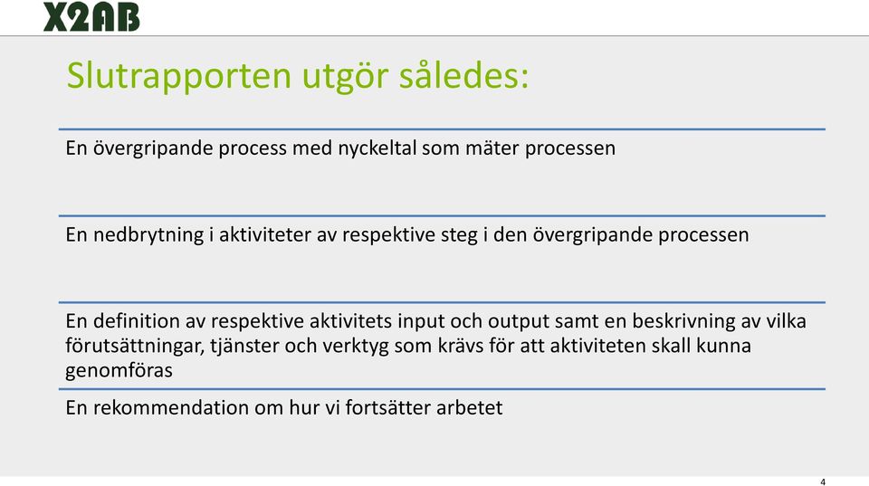 respektive aktivitets input och output samt en beskrivning av vilka förutsättningar, tjänster