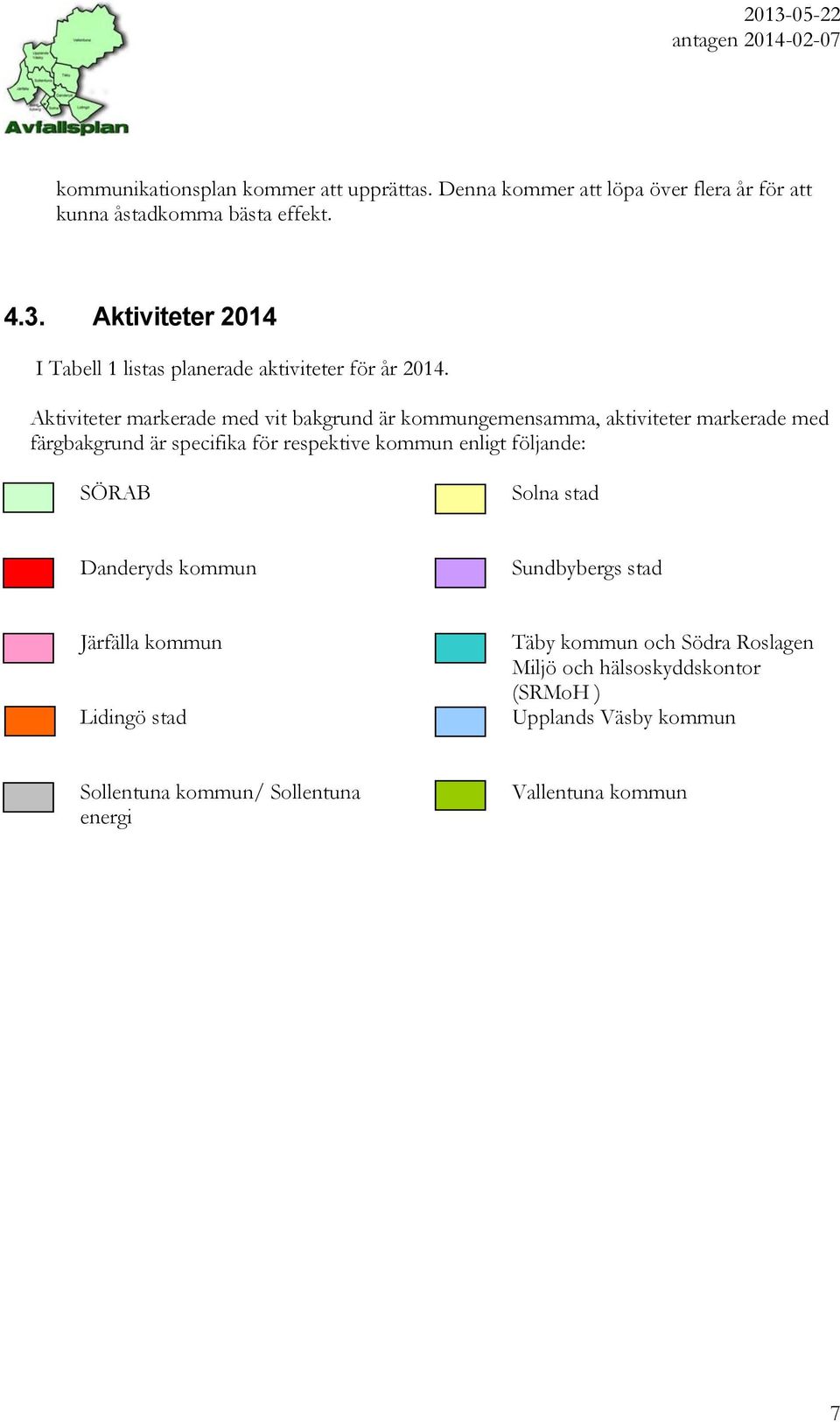 Aktiviteter markerade med vit bakgrund är kommungemensamma, aktiviteter markerade med färgbakgrund är specifika för respektive kommun enligt