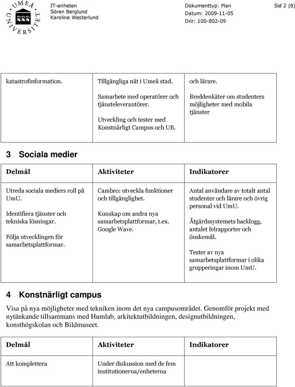 Följa utvecklingen för samarbetsplattformar. Cambro: utveckla funktioner och tillgänglighet. Kunskap om andra nya samarbetsplattformar, t.ex. Google Wave.