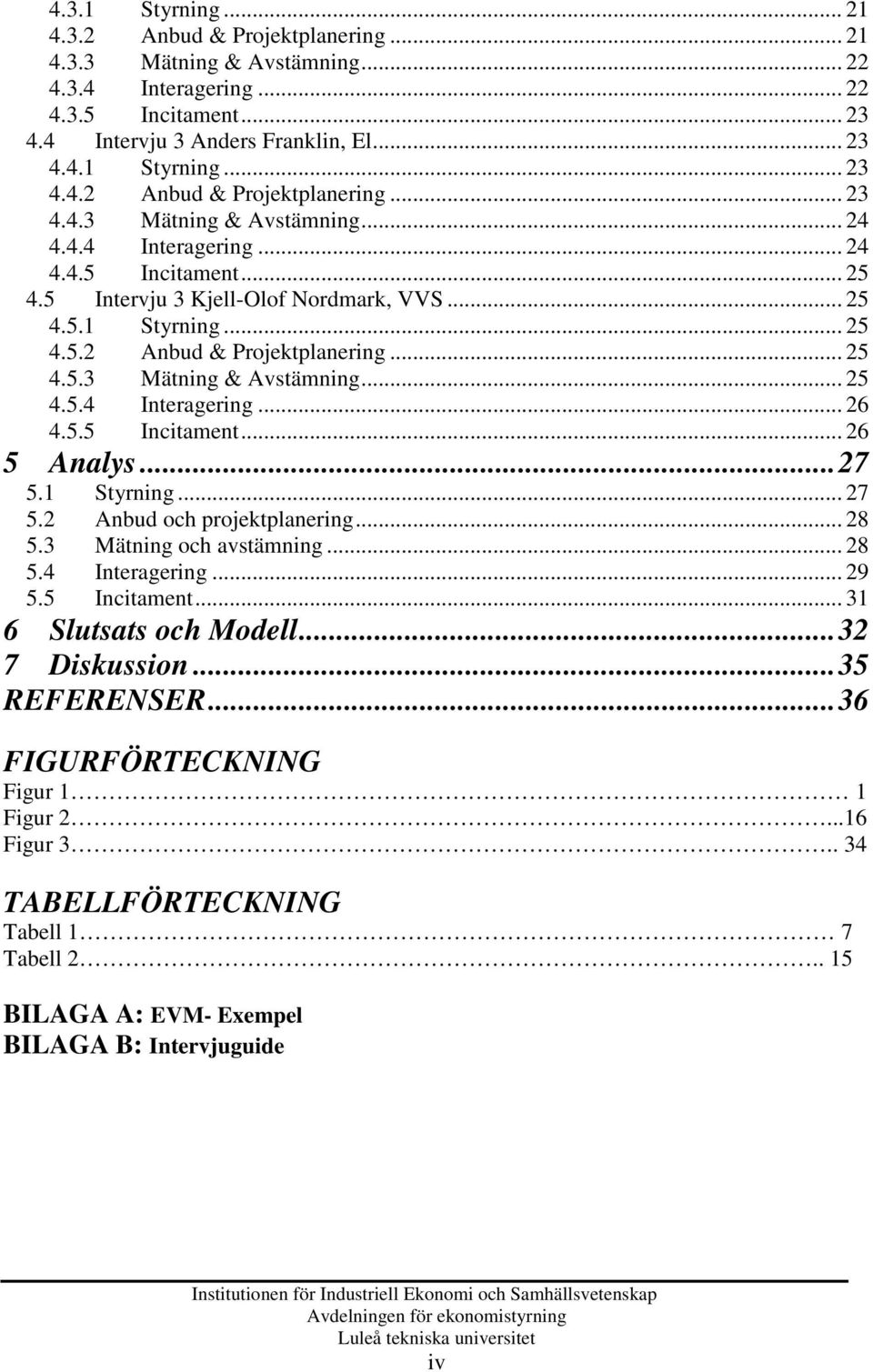 5.5 Incitament... 26 5 Analys...27 5.1 Styrning... 27 5.2 Anbud och projektplanering... 28 5.3 Mätning och avstämning... 28 5.4 Interagering... 29 5.5 Incitament... 31 6 Slutsats och Modell.