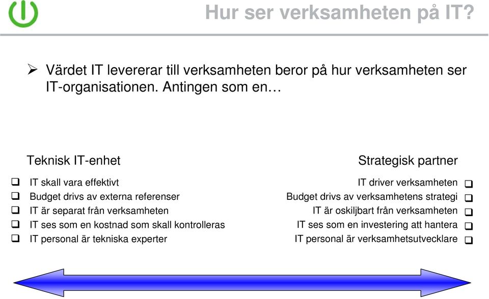från verksamheten IT ses som en kostnad som skall kontrolleras IT personal är tekniska experter IT driver verksamheten Budget