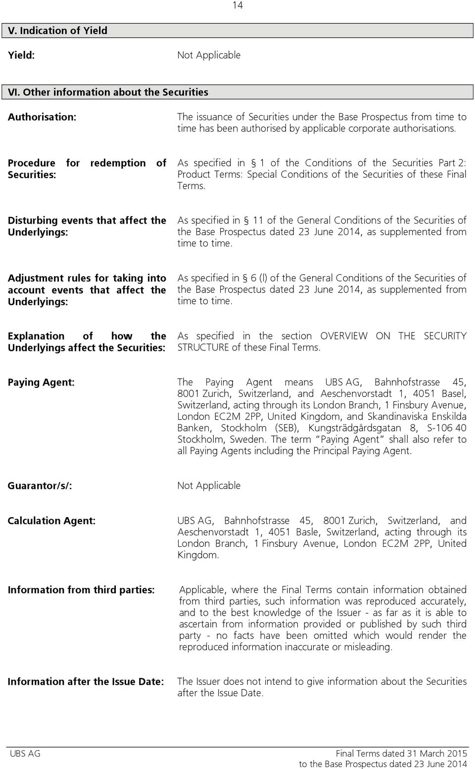 Procedure for redemption of Securities: As specified in 1 of the Conditions of the Securities Part 2: Product Terms: Special Conditions of the Securities of these Final Terms.