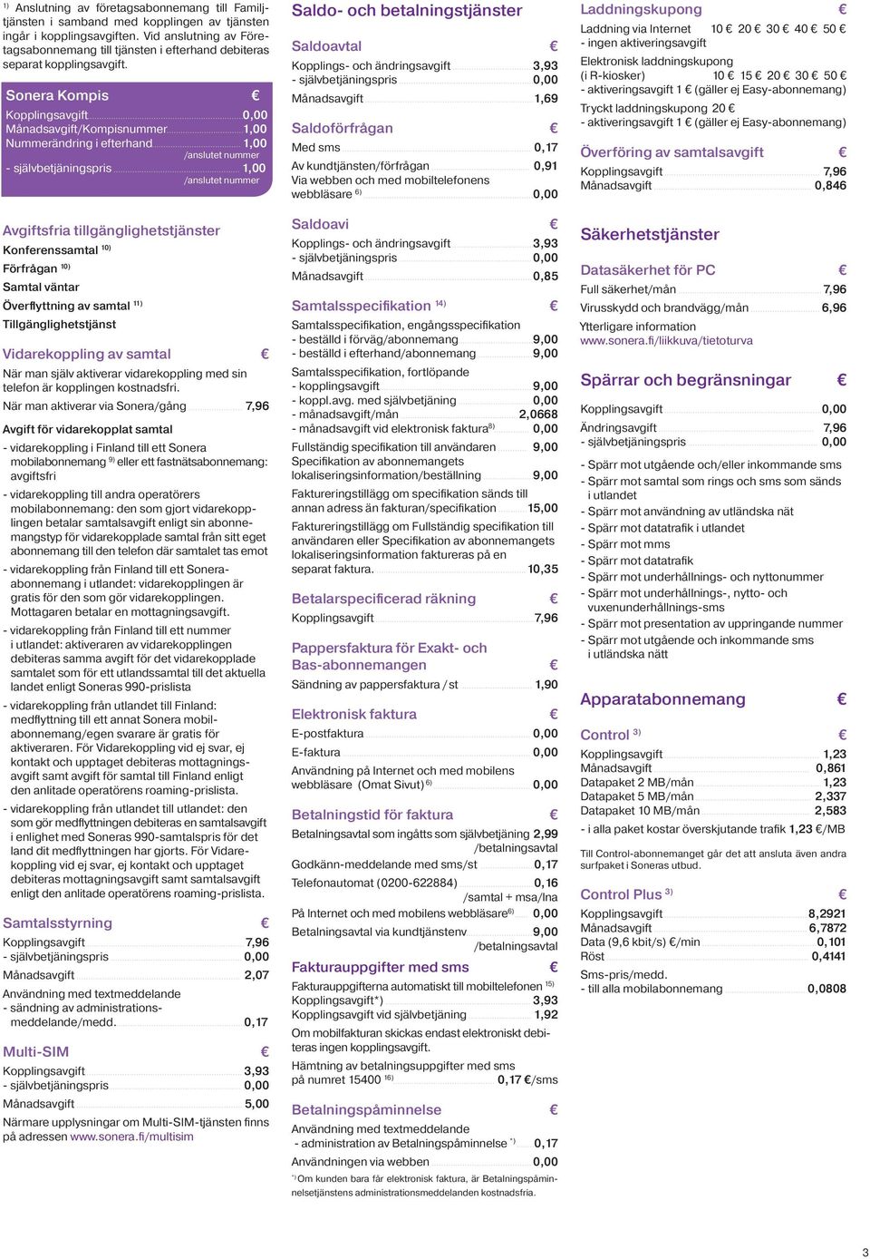 Sonera Kompis Kopplingsavgift 0,00 Månadsavgift/Kompisnummer 1,00 Nummerändring i efterhand 1,00 /anslutet nummer - självbetjäningspris 1,00 /anslutet nummer Avgiftsfria tillgänglighetstjänster