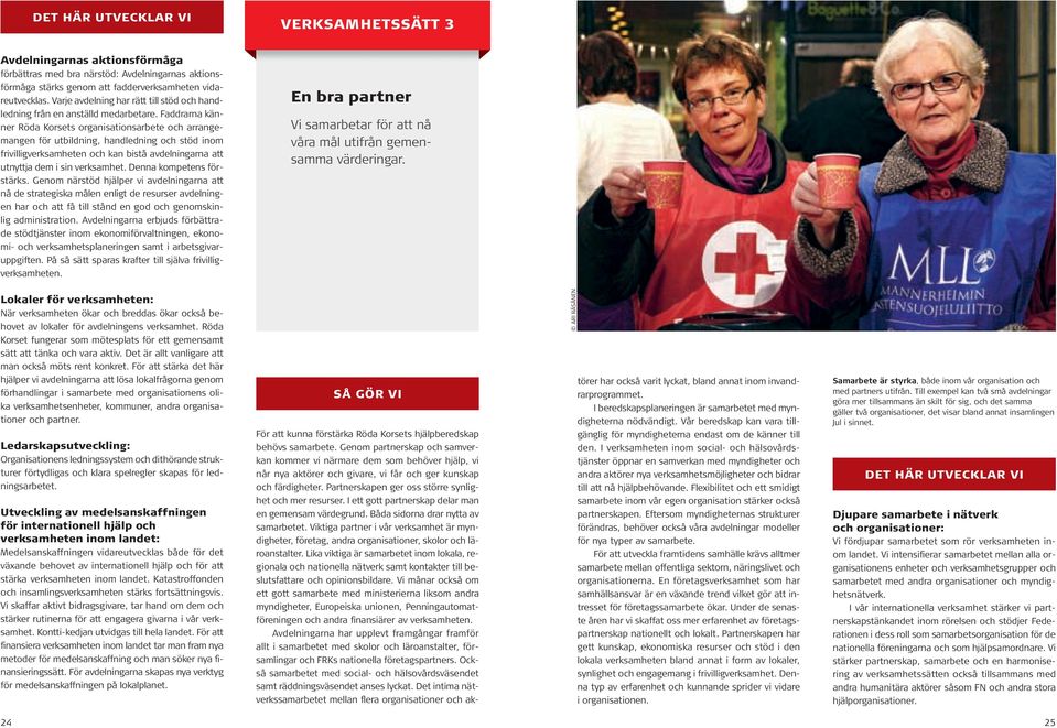 Faddrarna känner röda Korsets organisationsarbete och arrangemangen för utbildning, handledning och stöd inom frivilligverksamheten och kan bistå avdelningarna att utnyttja dem i sin verksamhet.