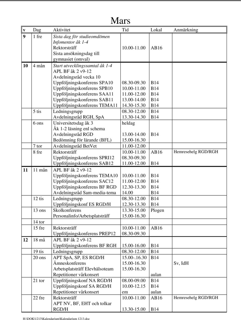 1-2 läsning enl Avdelningsråd RGD Bedömning för lärande (BFL) 08.30-09.30 11.00-12.00 13.00-14.00 14.30-15.30 08.30-12.00 13.30-14.30 heldag 13.00-14.00 7 tor Avdelningsråd BetVet 11.00-12.00 8 fre Rektorsträff Uppföljningskonferens SPRI12 08.