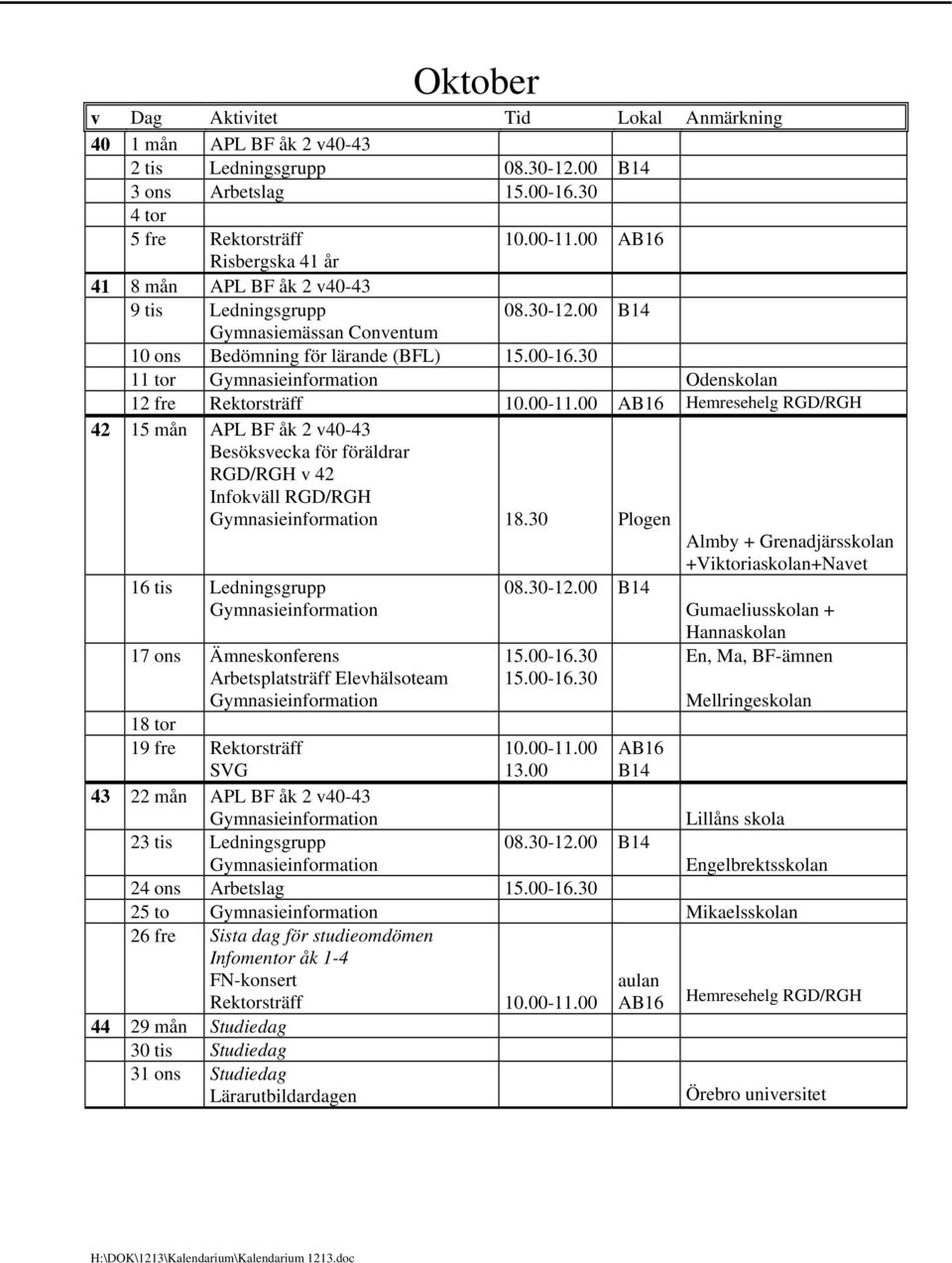 00 Gymnasiemässan Conventum 10 ons Bedömning för lärande (BFL) 11 tor Odenskolan 12 fre Rektorsträff 42 15 mån APL BF åk 2 v40-43 Besöksvecka för föräldrar RGD/RGH v 42 Infokväll RGD/RGH 18.