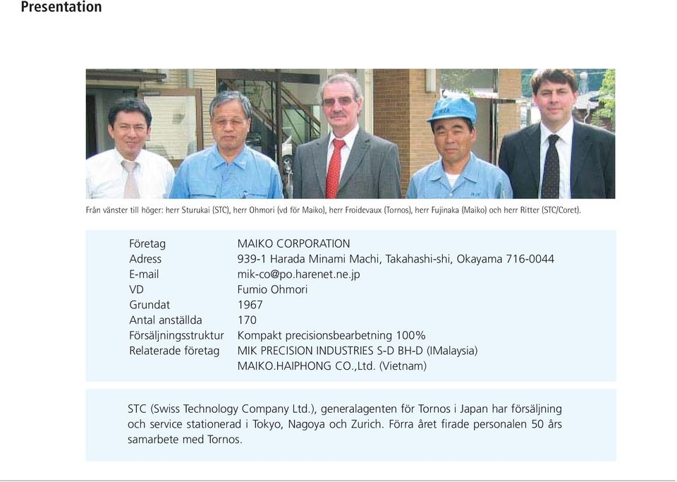 .ne.jp VD Fumio Ohmori Grundat 1967 Antal anställda 170 Försäljningsstruktur Kompakt precisionsbearbetning 100% Relaterade företag MIK PRECISION INDUSTRIES S-D BH-D