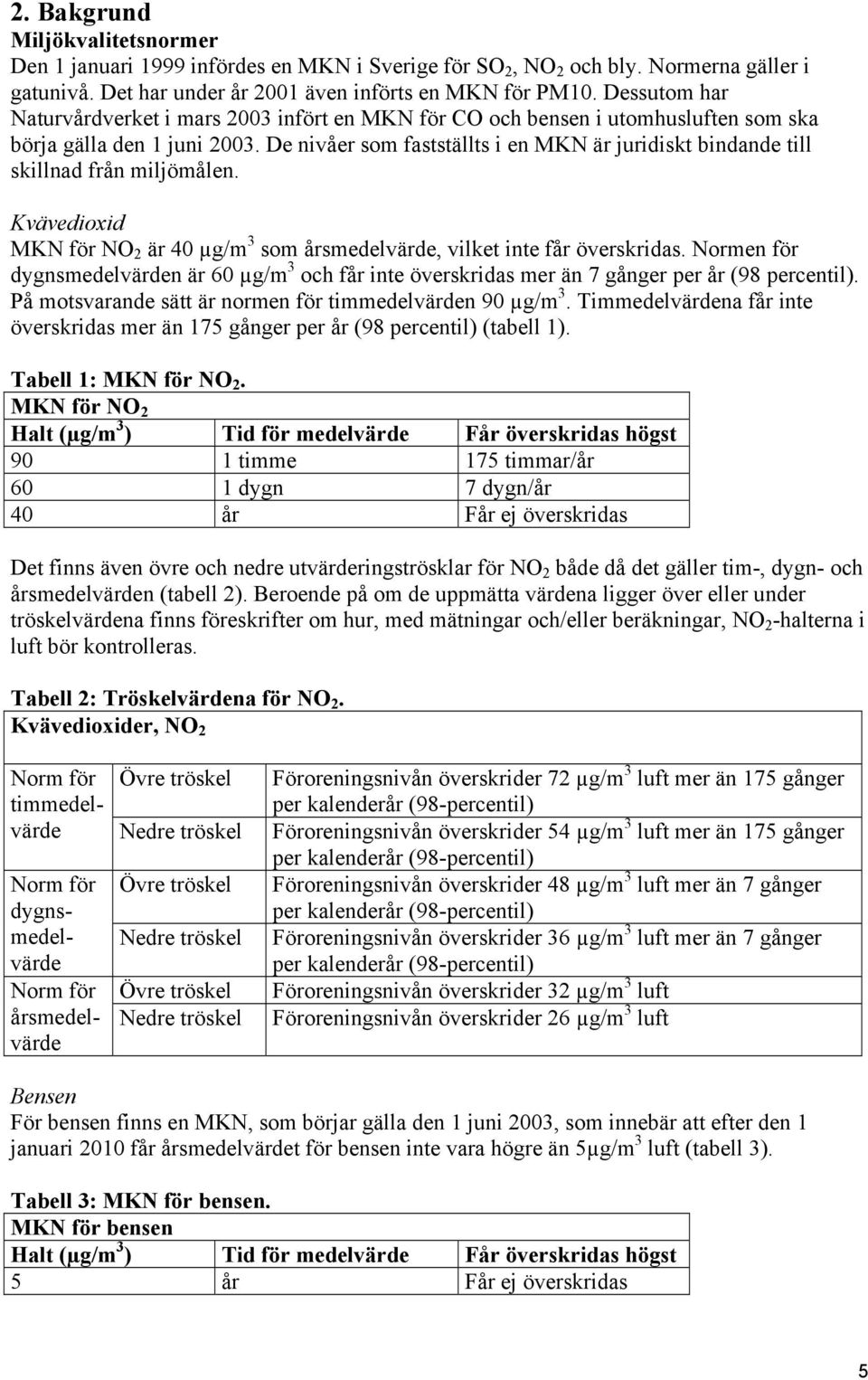 De nivåer som fastställts i en MKN är juridiskt bindande till skillnad från miljömålen. Kvävedioxid MKN för NO 2 är 40 µg/m 3 som årsmedelvärde, vilket inte får överskridas.