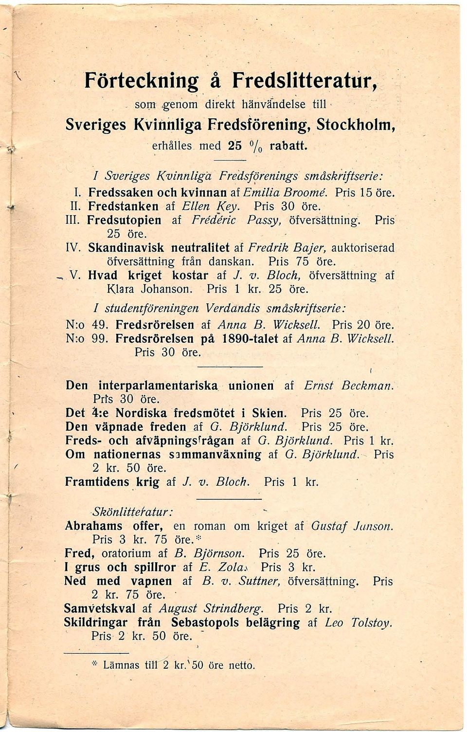 Fredsutopien af Freddric Passy, öfver~ättnirig. Pris 25 öre. IV. Skandinavisk neutralitet af Fredrik Bajer, auktoriserad öfversättni-ng från danskan. Plis 75 öre. ~ V. Hvad kriget kostar af l. v.
