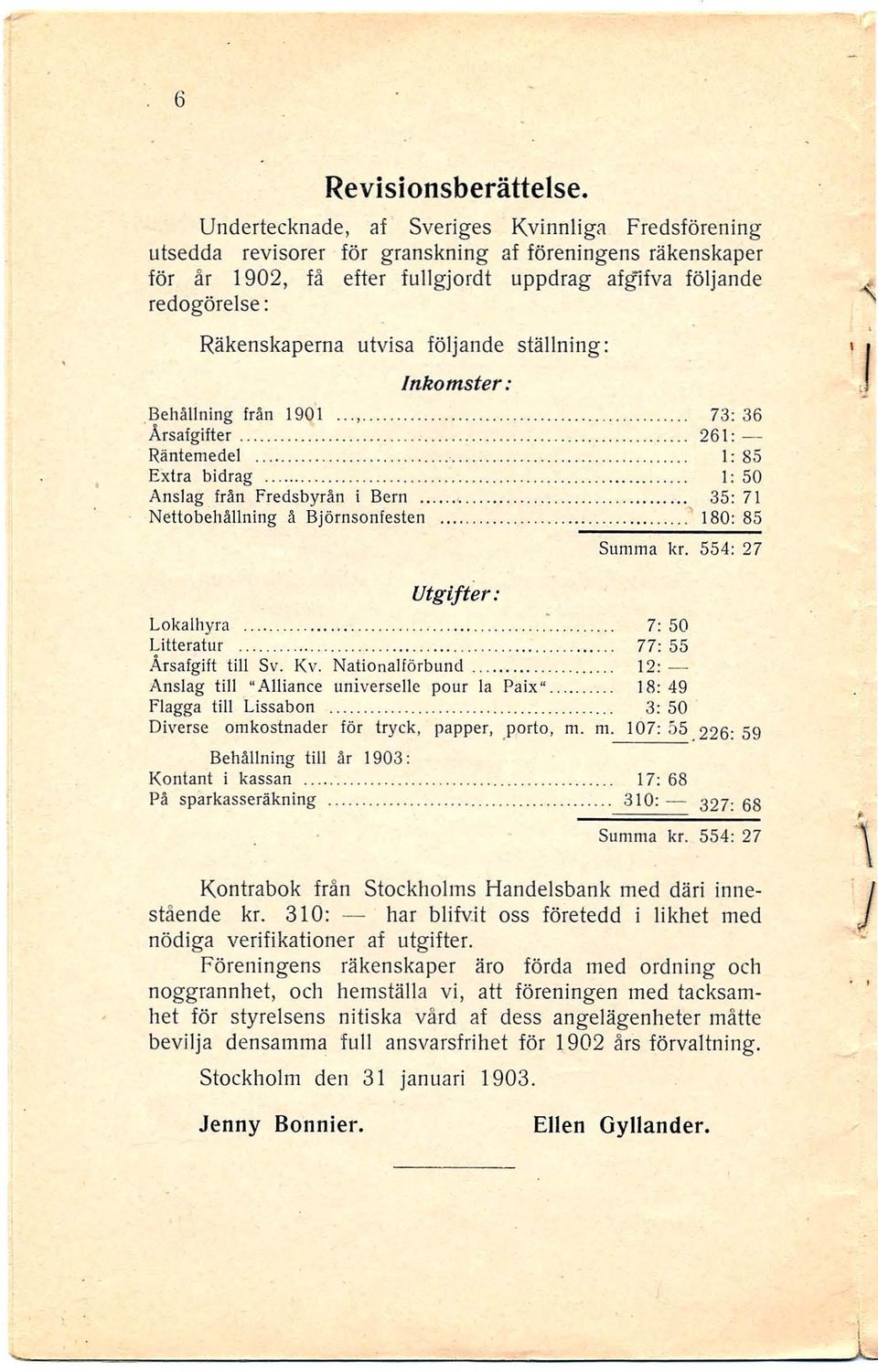 utvisa följande ställning: Inkomster: Behållning från 190 l 73: 36 Årsafgilter............. 261:- Räntemedel. ".