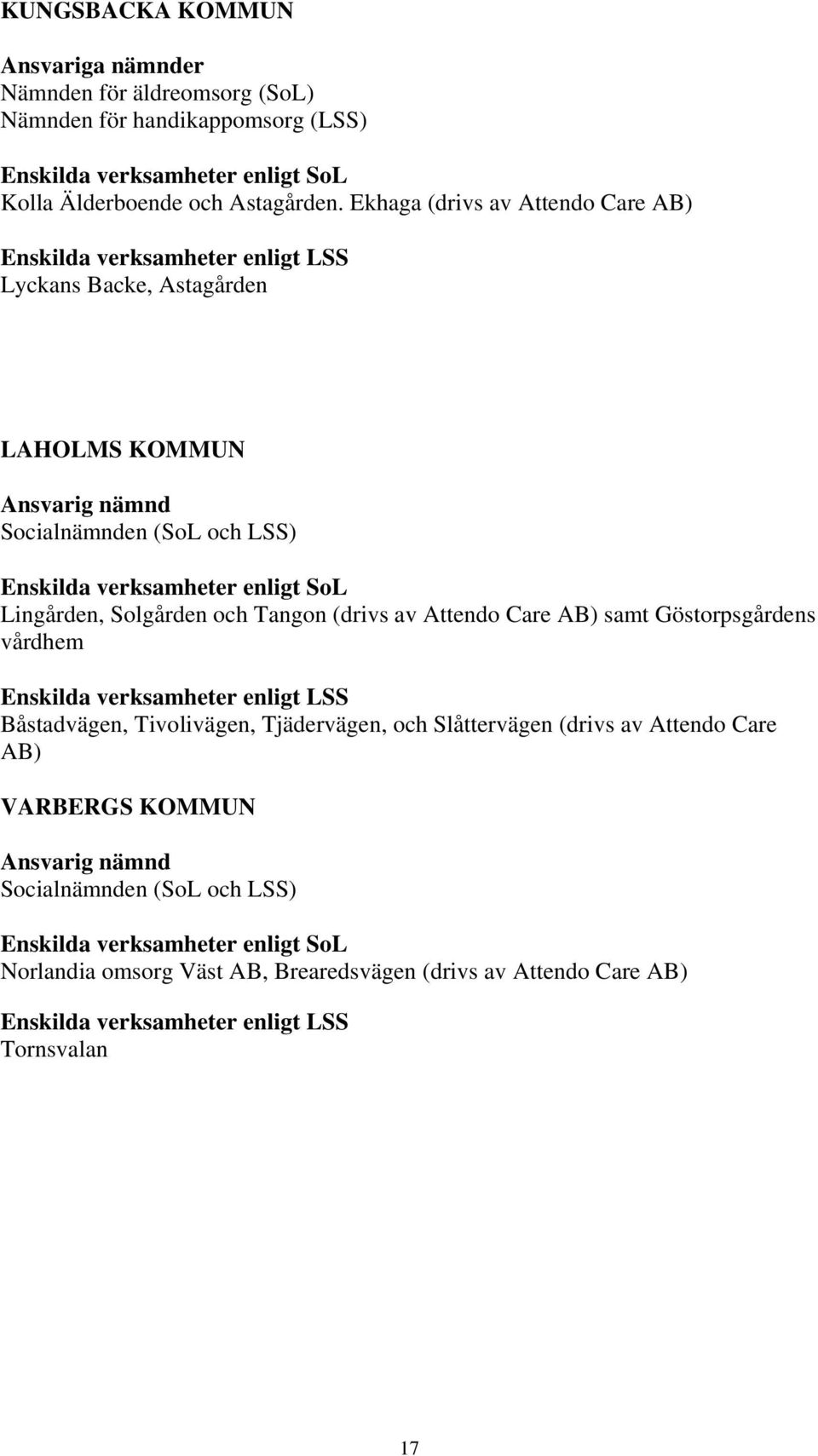 Lingården, Solgården och Tangon (drivs av Attendo Care AB) samt Göstorpsgårdens vårdhem Enskilda verksamheter enligt LSS Båstadvägen, Tivolivägen, Tjädervägen, och Slåttervägen (drivs av