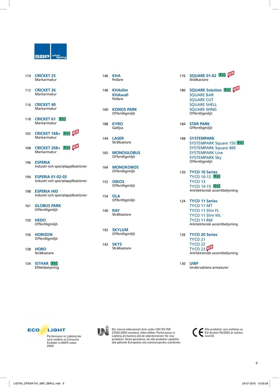 HEDO Offentligmiljö 156 HORIZON Offentligmiljö 138 HORO Strålkastare 148 KHAslim KHAwall Pollare 160 KONOS PARK Offentligmiljö 188 KYRO Gatljus 144 LASER Strålkastare 165 MONOGLOBUS Offentligmiljö