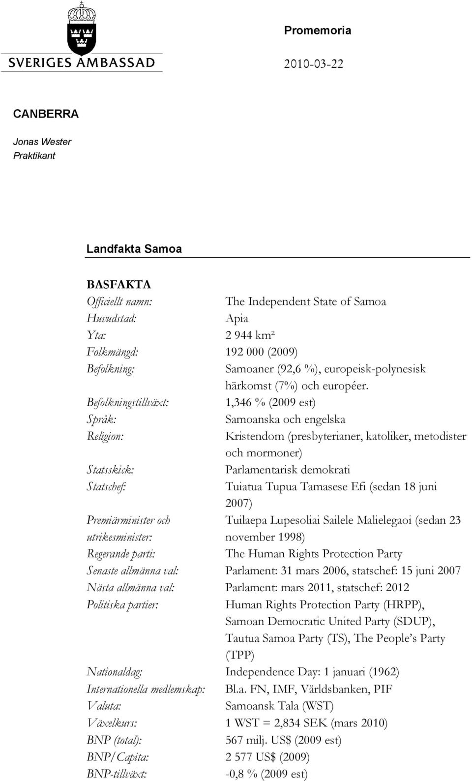 Befolkningstillväxt: 1,346 % (2009 est) Språk: Samoanska och engelska Religion: Kristendom (presbyterianer, katoliker, metodister och mormoner) Statsskick: Parlamentarisk demokrati Statschef: Tuiatua