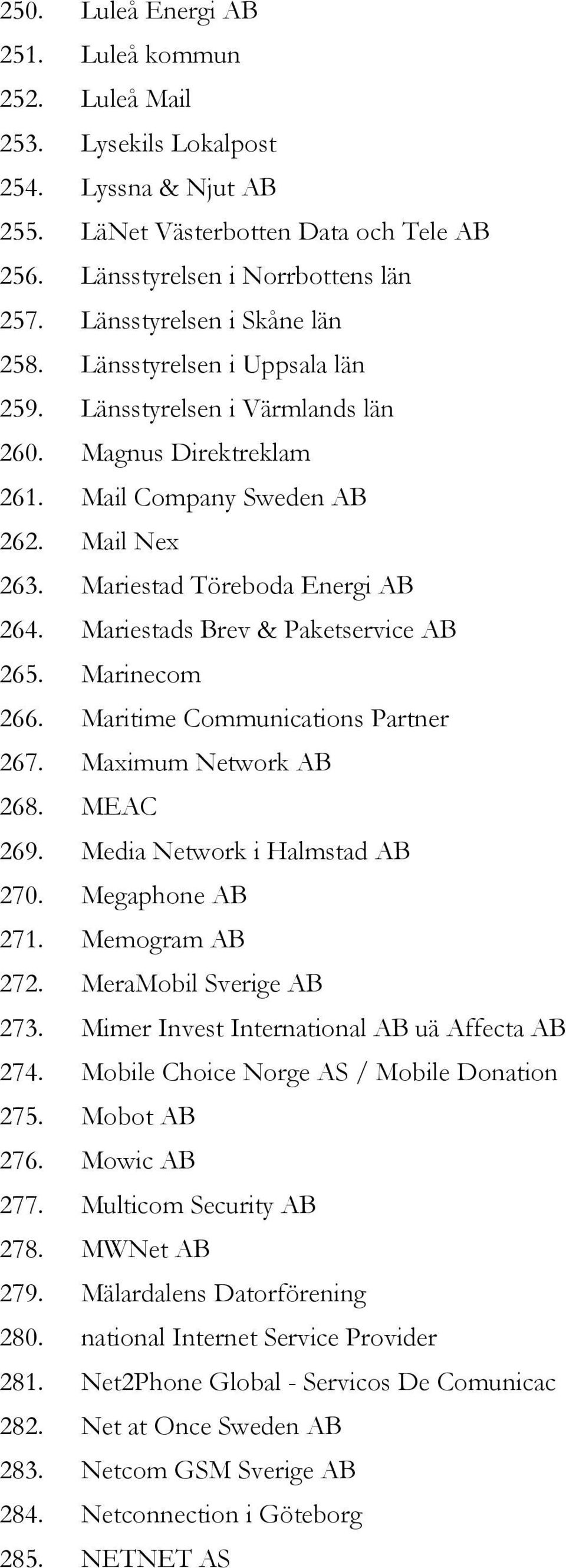 Mariestads Brev & Paketservice AB 265. Marinecom 266. Maritime Communications Partner 267. Maximum Network AB 268. MEAC 269. Media Network i Halmstad AB 270. Megaphone AB 271. Memogram AB 272.