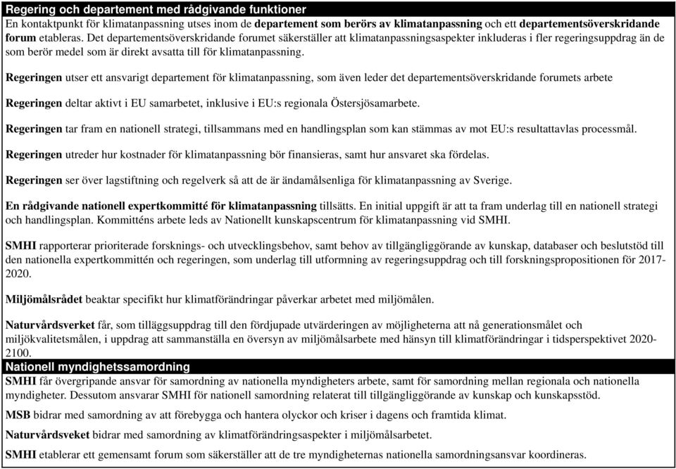 Regeringen utser ett ansvarigt departement för klimatanpassning, som även leder det departementsöverskridande forumets arbete Regeringen deltar aktivt i EU samarbetet, inklusive i EU:s regionala