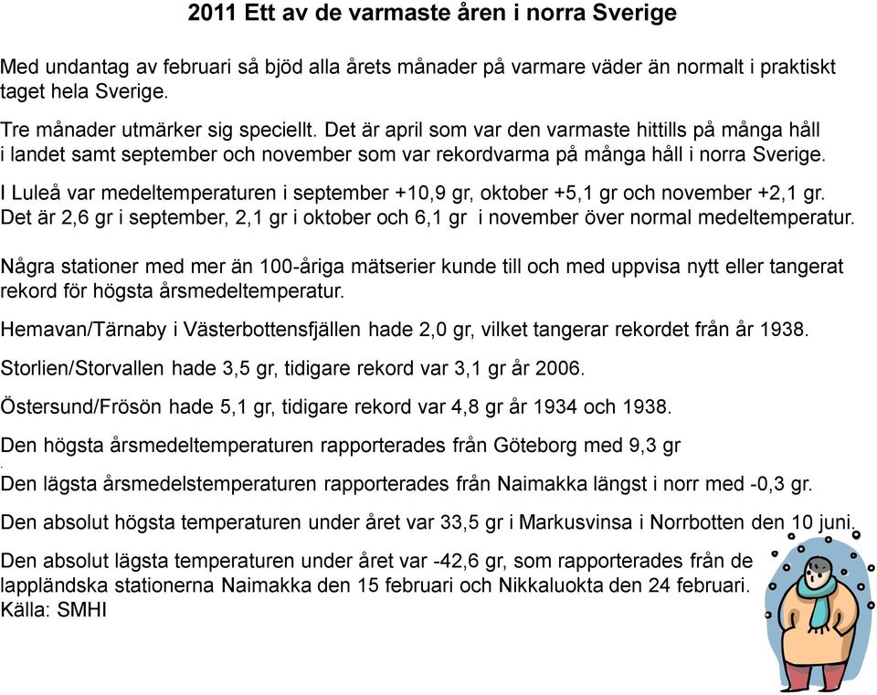 I Luleå var medeltemperaturen i september +10,9 gr, oktober +5,1 gr och november +2,1 gr. Det är 2,6 gr i september, 2,1 gr i oktober och 6,1 gr i november över normal medeltemperatur.