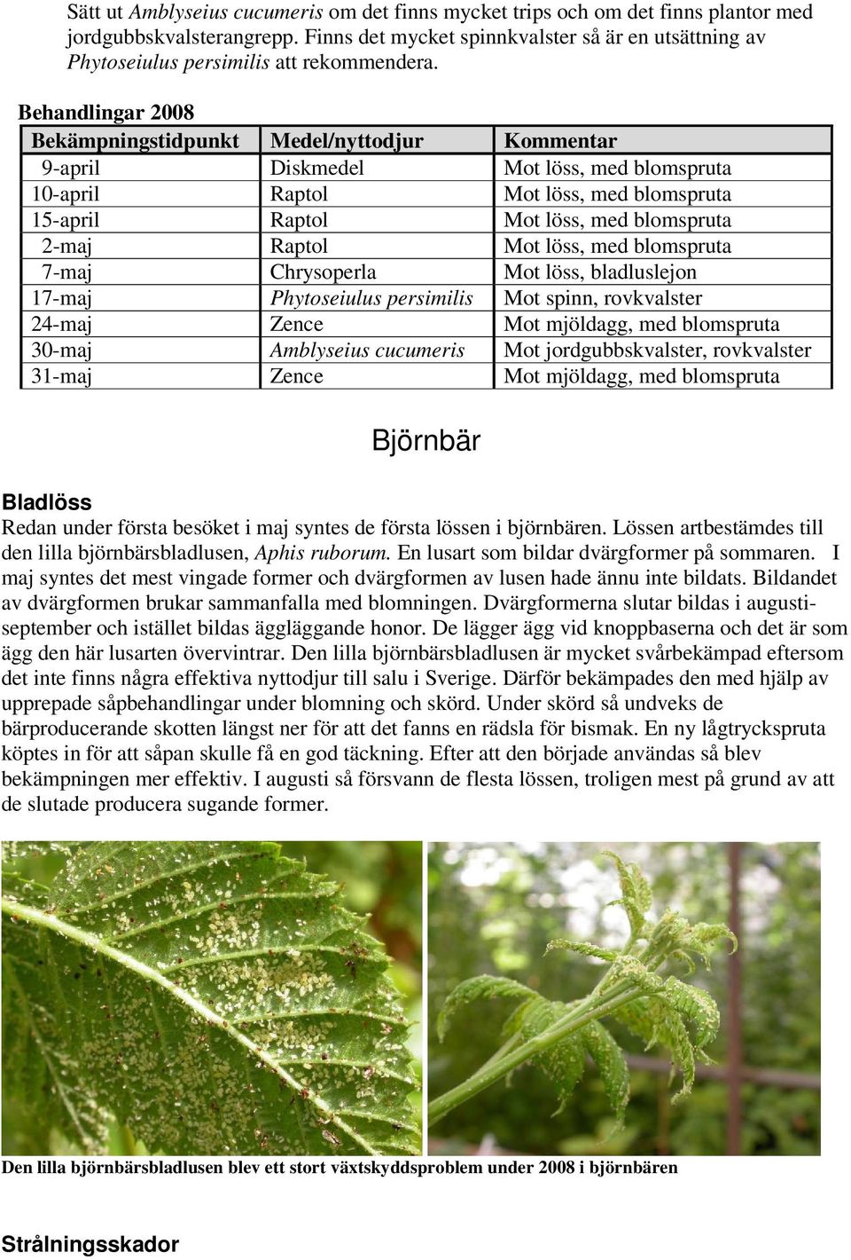 Behandlingar 2008 Bekämpningstidpunkt Medel/nyttodjur Kommentar 9-april Diskmedel Mot löss, med blomspruta 10-april Raptol Mot löss, med blomspruta 15-april Raptol Mot löss, med blomspruta 2-maj