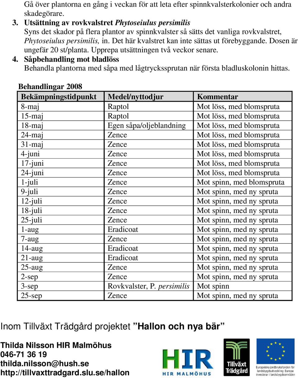 Det här kvalstret kan inte sättas ut förebyggande. Dosen är ungefär 20 st/planta. Upprepa utsättningen två veckor senare. 4.