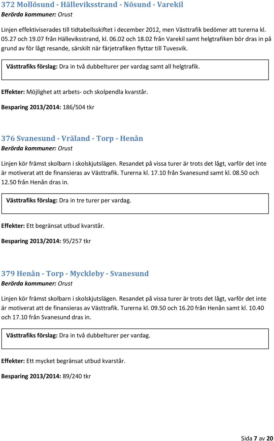 Västtrafiks förslag: Dra in två dubbelturer per vardag samt all helgtrafik. Effekter: Möjlighet att arbets- och skolpendla kvarstår.