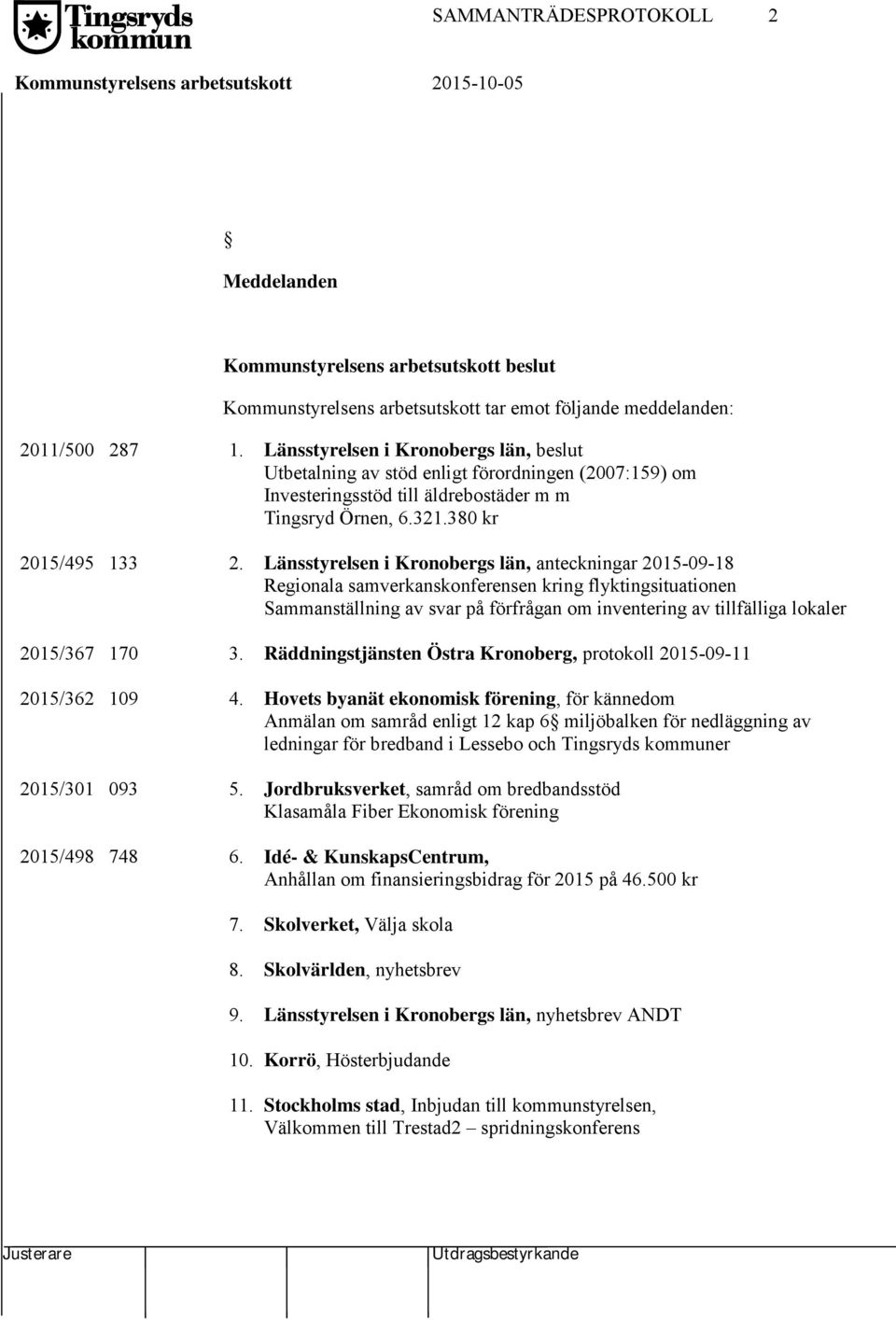 Länsstyrelsen i Kronobergs län, anteckningar 2015-09-18 Regionala samverkanskonferensen kring flyktingsituationen Sammanställning av svar på förfrågan om inventering av tillfälliga lokaler 2015/367