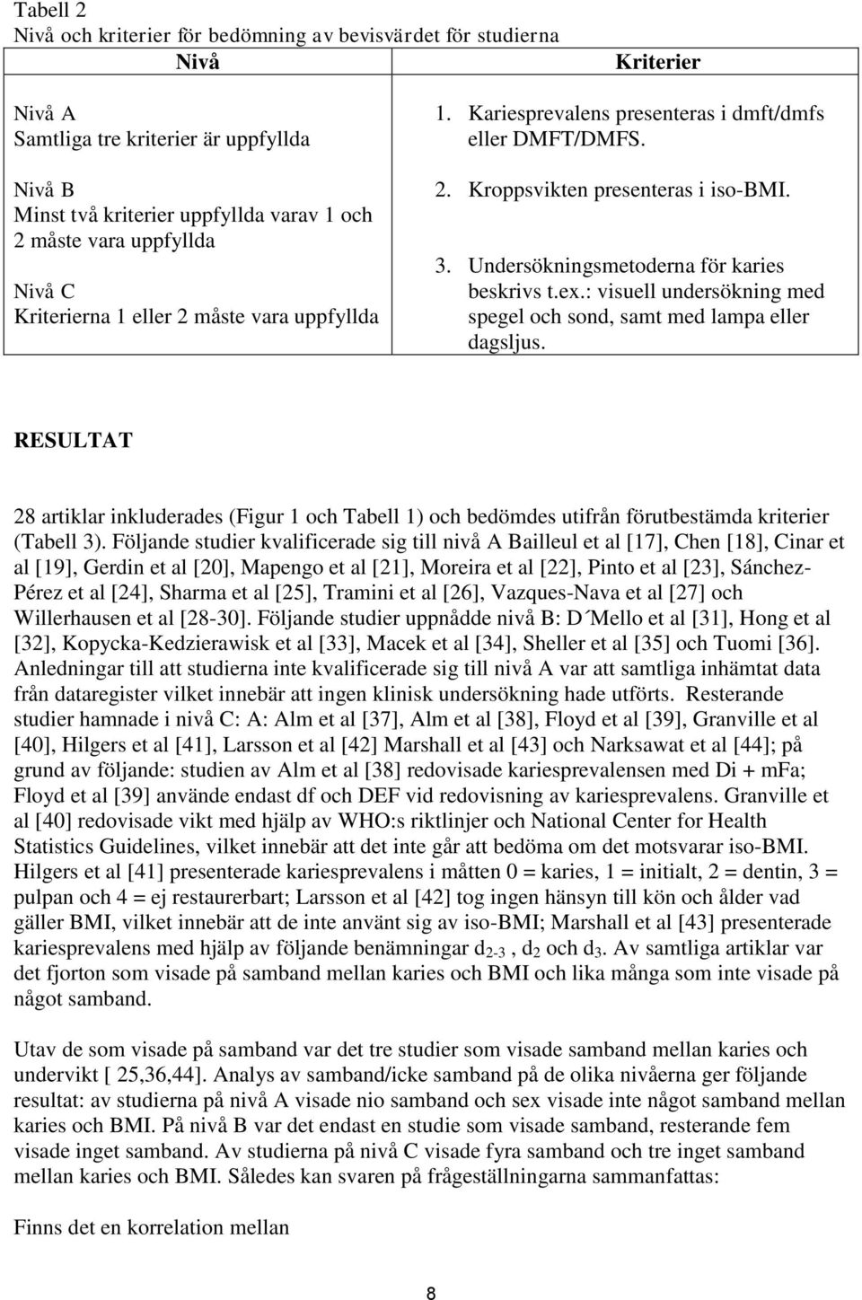 : visuell undersökning med spegel och sond, samt med lampa eller dagsljus. RESULA 28 artiklar inkluderades (Figur 1 och abell 1) och bedömdes utifrån förutbestämda kriterier (abell 3).
