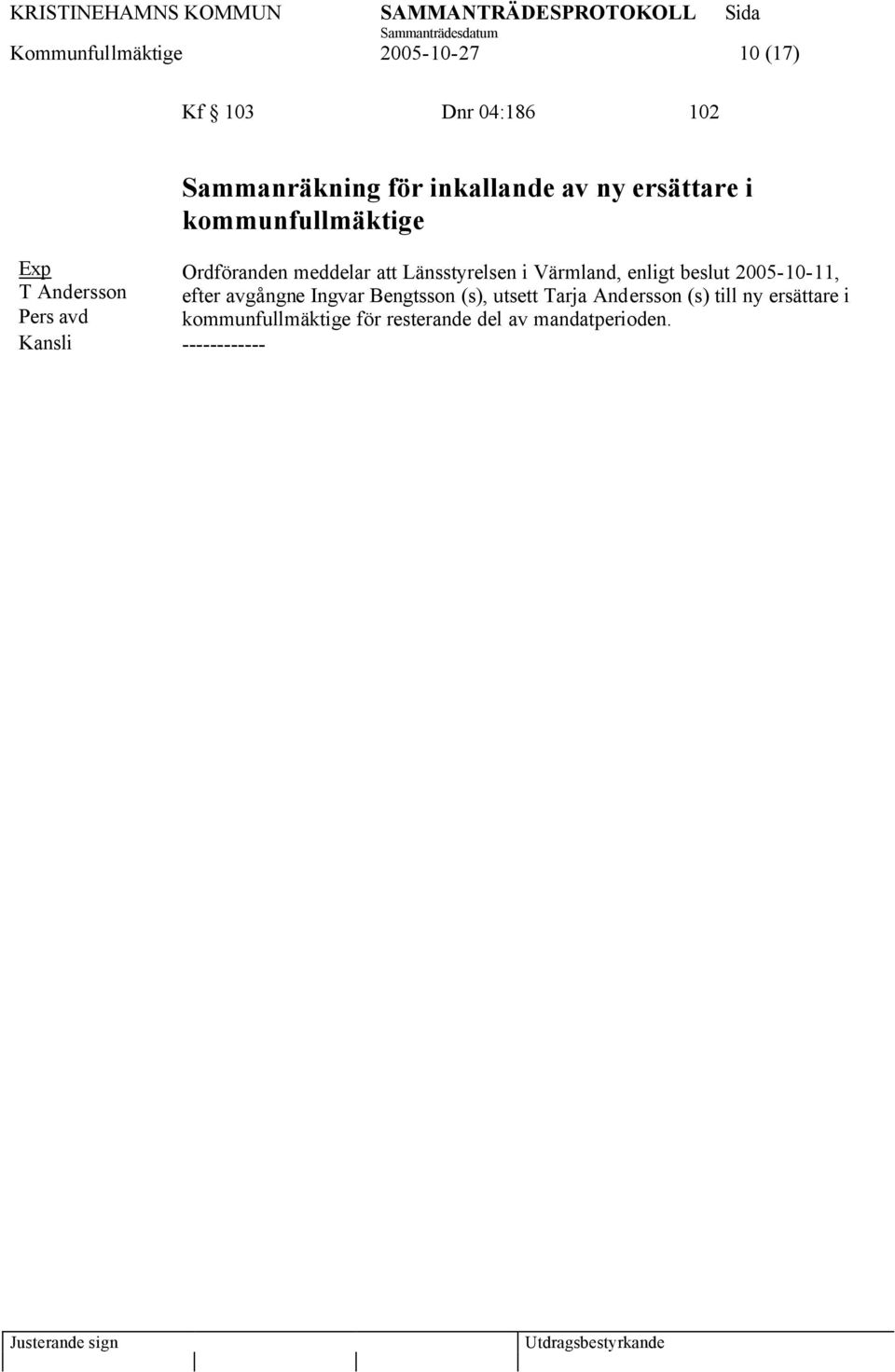 Länsstyrelsen i Värmland, enligt beslut 2005-10-11, efter avgångne Ingvar Bengtsson (s), utsett