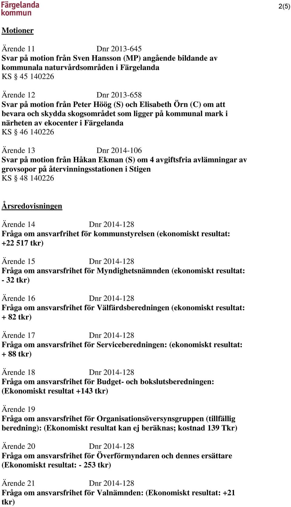 Ekman (S) om 4 avgiftsfria avlämningar av grovsopor på återvinningsstationen i Stigen KS 48 140226 Årsredovisningen Ärende 14 Dnr 2014-128 Fråga om ansvarfrihet för kommunstyrelsen (ekonomiskt