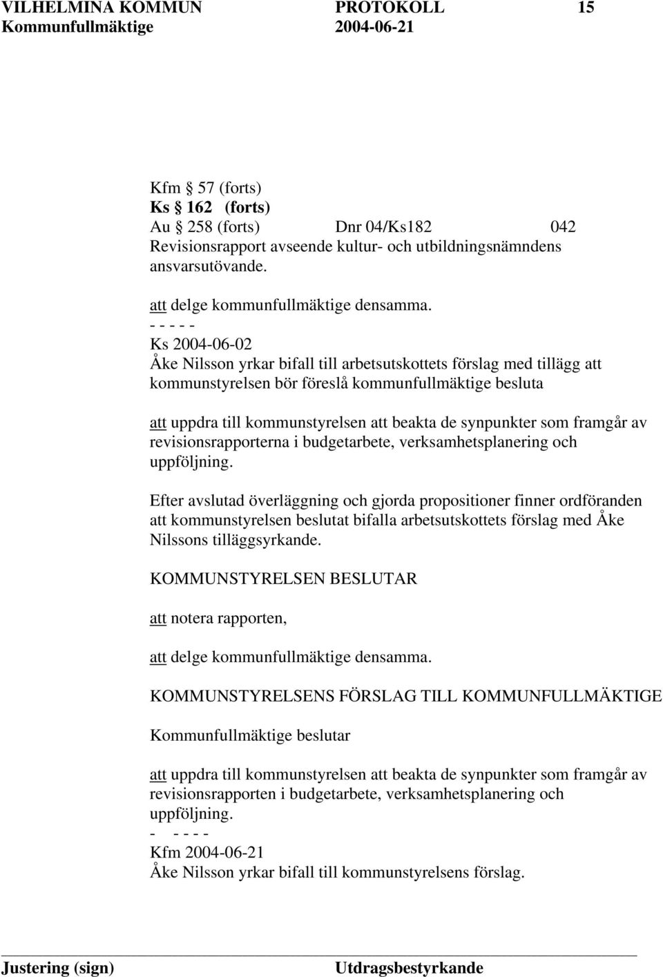 Ks 2004-06-02 Åke Nilsson yrkar bifall till arbetsutskottets förslag med tillägg att kommunstyrelsen bör föreslå kommunfullmäktige besluta att uppdra till kommunstyrelsen att beakta de synpunkter som