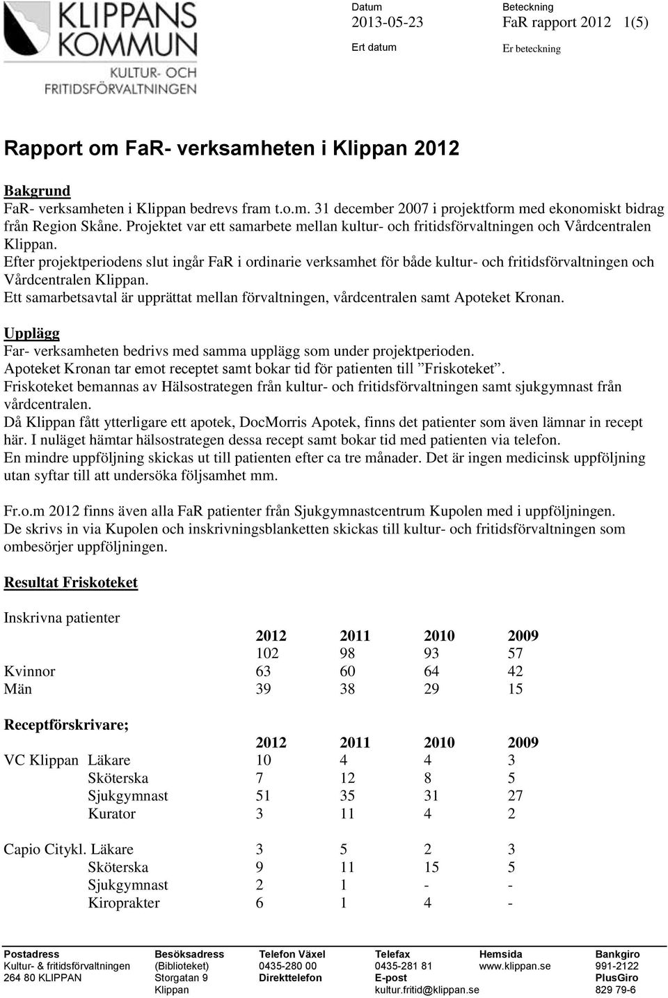 Efter projektperiodens slut ingår FaR i ordinarie verksamhet för både kultur- och fritidsförvaltningen och Vårdcentralen Klippan.