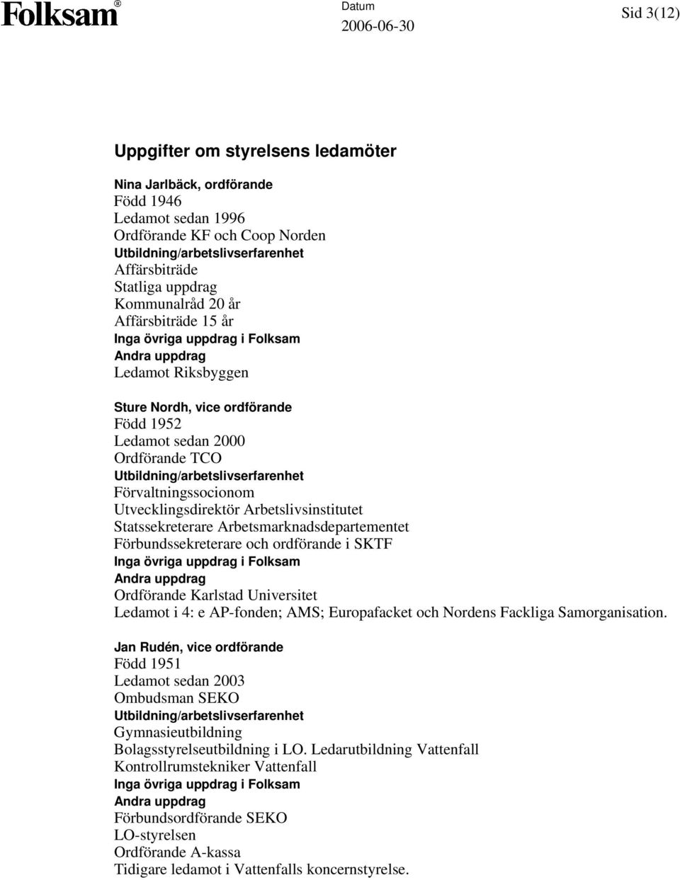 Förbundssekreterare och ordförande i SKTF Ordförande Karlstad Universitet Ledamot i 4: e AP-fonden; AMS; Europafacket och Nordens Fackliga Samorganisation.