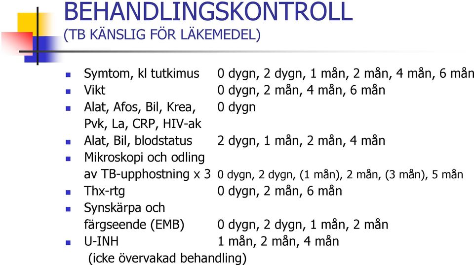 mån, 4 mån Mikroskopi och odling av TB-upphostning x 3 0 dygn, 2 dygn, (1 mån), 2 mån, (3 mån), 5 mån Thx-rtg 0 dygn, 2