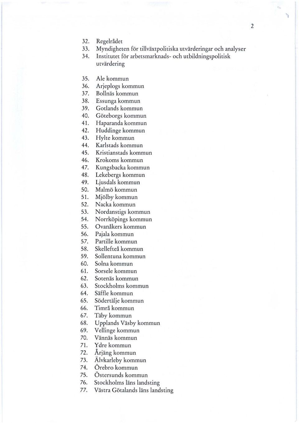 Krokoms kommun 47. Kungsbacka kommun 48. Lekebergs kommun 49. Ljusdals kommun 50. Malmö kommun 51. Mjölby kommun 52. Nacka kommun 53. N ordanstigs kommun 54. Norrköpings kommun 55.