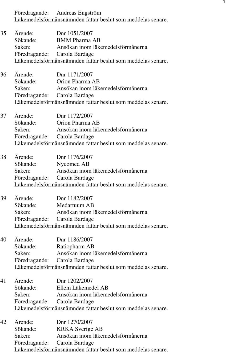 Sökande: Nycomed AB 39 Ärende: Dnr 1182/2007 Sökande: Medartuum AB 40 Ärende: Dnr 1186/2007 Sökande: