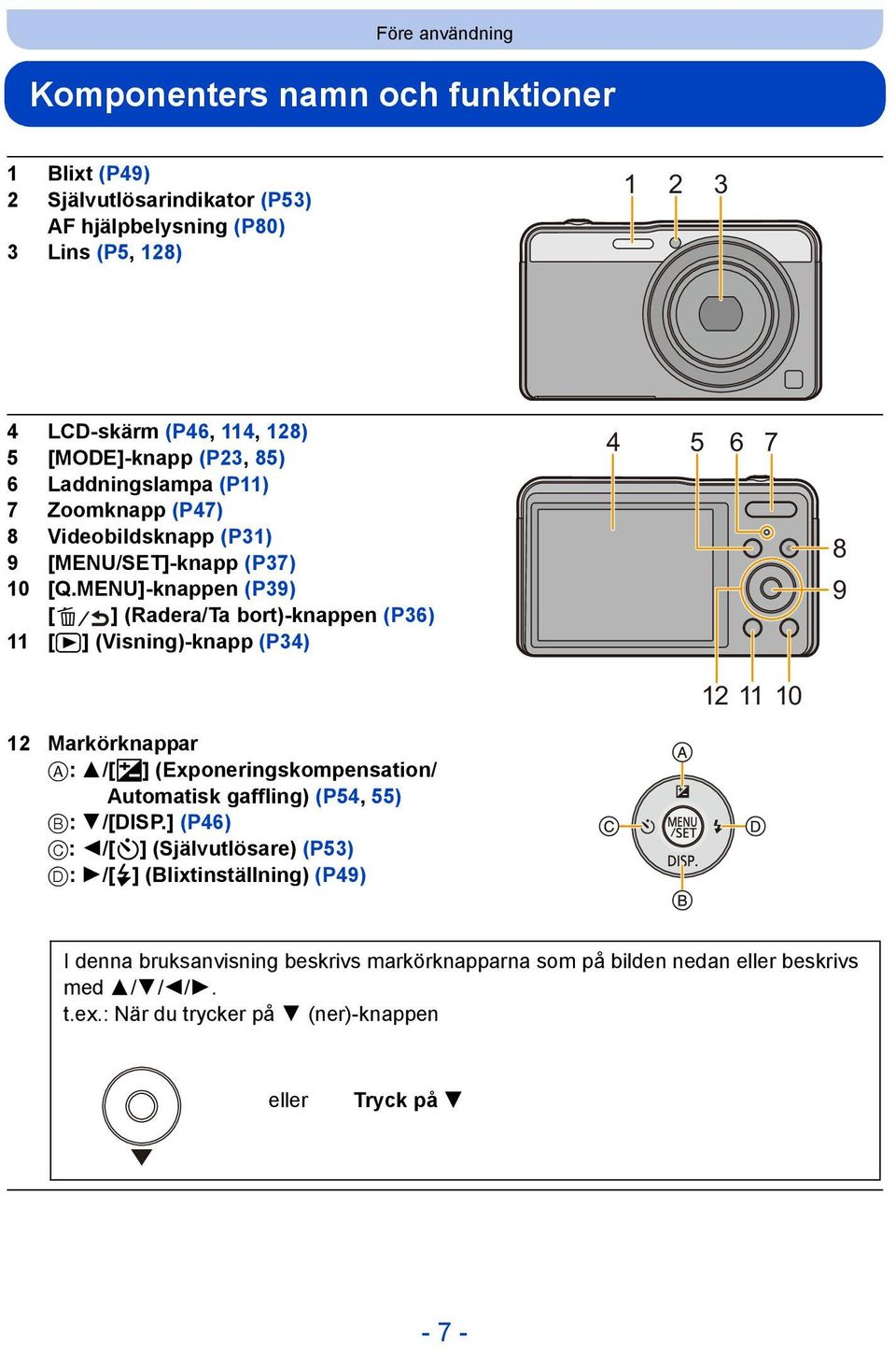 MENU]-knappen (P39) [ ] (Radera/Ta bort)-knappen (P36) 11 [(] (Visning)-knapp (P34) 4 5 6 7 8 9 12 11 10 12 Markörknappar A: 3/[È] (Exponeringskompensation/ Automatisk gaffling)