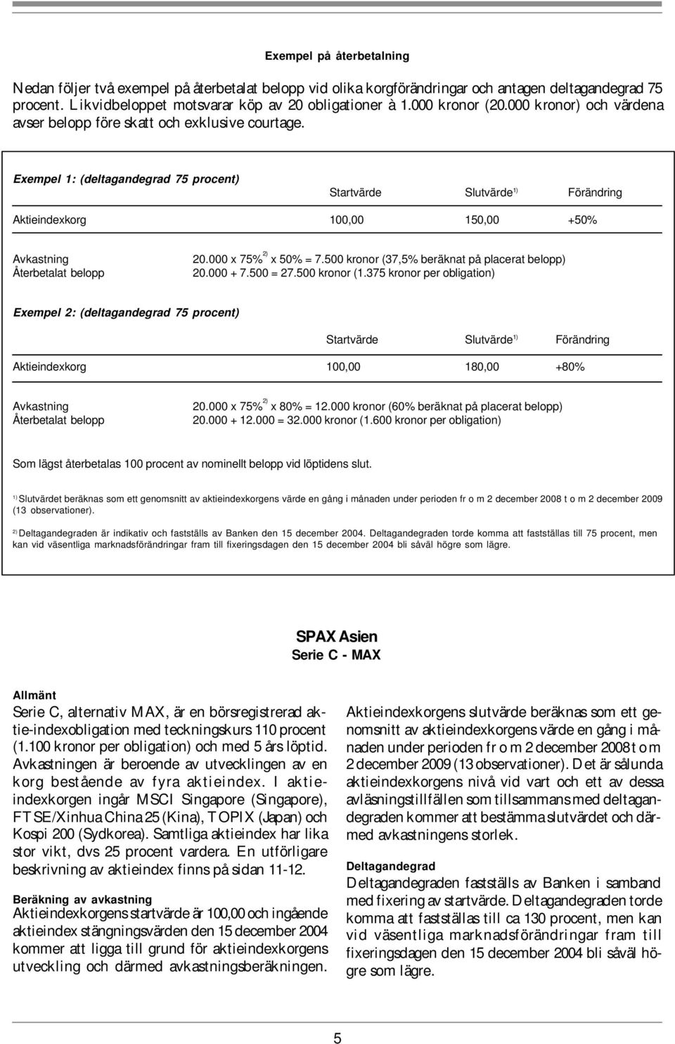 Exempel 1: (deltagandegrad 75 procent) Startvärde Slutvärde 1) Förändring Aktieindexkorg 100,00 150,00 +50% Avkastning Återbetalat belopp 20.000 x 75% 2) x 50% = 7.