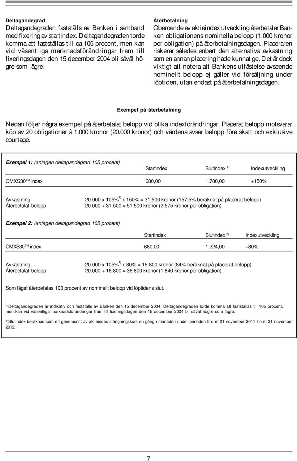 Återbetalning Oberoende av aktieindex utveckling återbetalar Banken obligationens nominella belopp (1.000 kronor per obligation) på återbetalningsdagen.