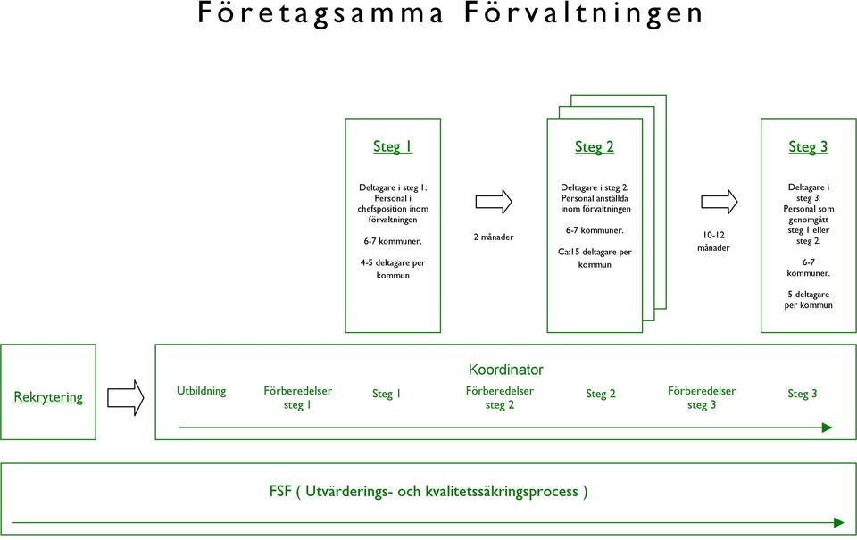 10-12 Ca:15 deltagare per månader kommun Deltagare i steg 3: Personal som genomgått steg 1 eller steg 2. 6-7 kommuner.