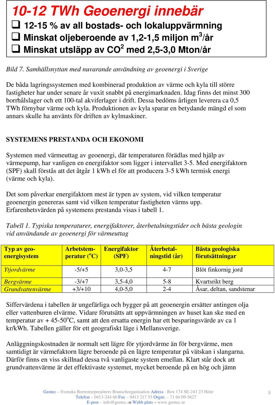 energimarknaden. Idag finns det minst 300 borrhålslager och ett 100-tal akviferlager i drift. Dessa bedöms årligen leverera ca 0,5 TWh förnybar värme och kyla.