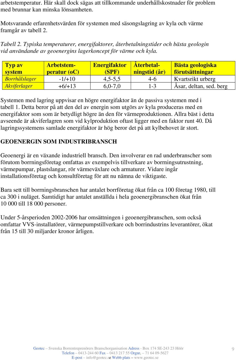 Typiska temperaturer, energifaktorer, återbetalningstider och bästa geologin vid användande av geoenergins lagerkoncept för värme och kyla.