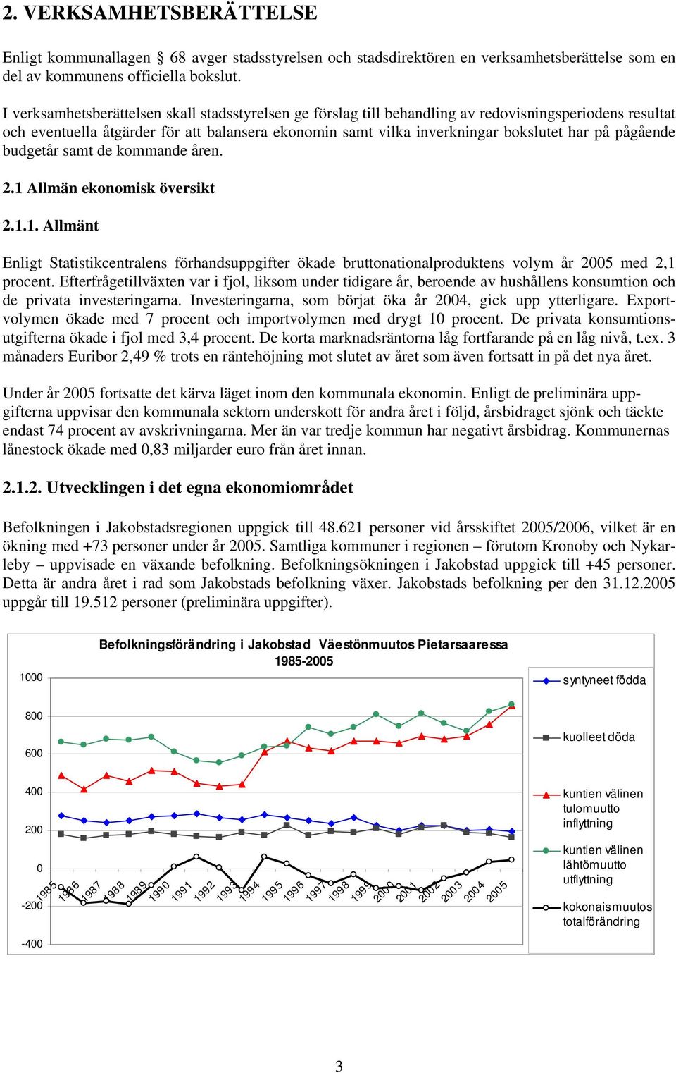 pågående budgetår samt de kommande åren. 2.1 Allmän ekonomisk översikt 2.1.1. Allmänt Enligt Statistikcentralens förhandsuppgifter ökade bruttonationalproduktens volym år 2005 med 2,1 procent.