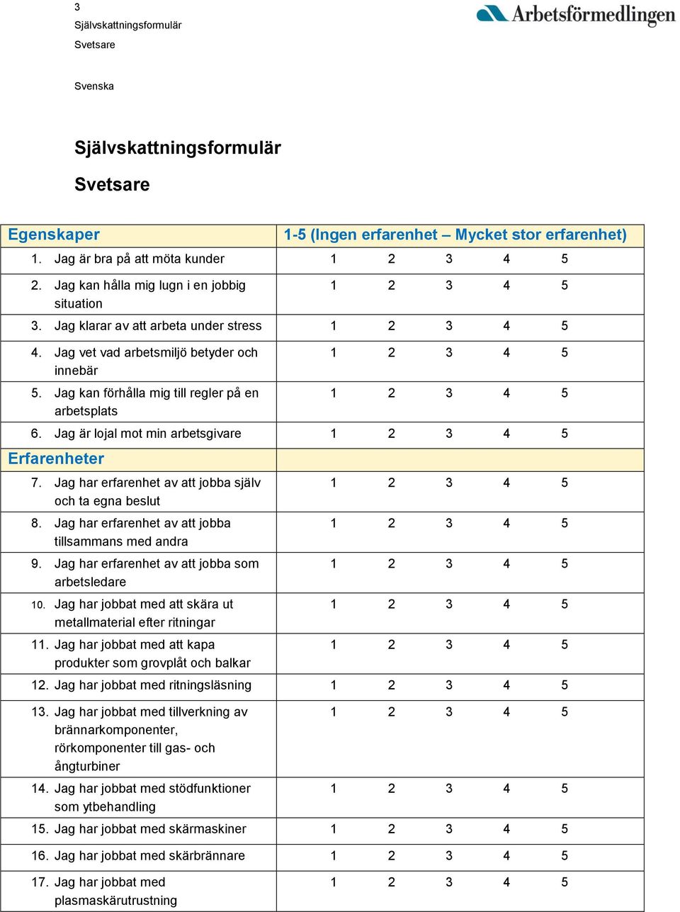 Jag har erfarenhet av att jobba själv och ta egna beslut 8. Jag har erfarenhet av att jobba tillsammans med andra 9. Jag har erfarenhet av att jobba som arbetsledare 10.