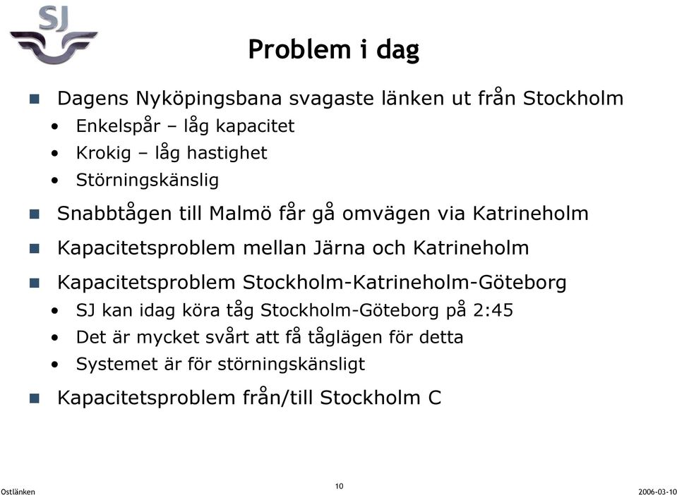 och Katrineholm Kapacitetsproblem Stockholm-Katrineholm-Göteborg SJ kan idag köra tåg Stockholm-Göteborg på 2:45