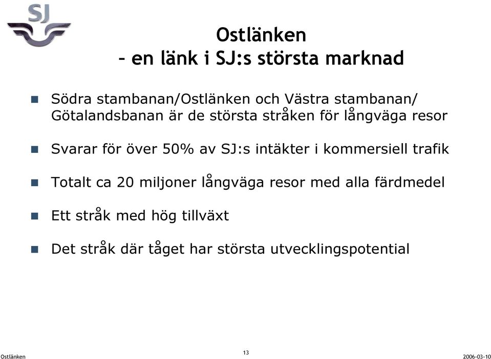 50% av SJ:s intäkter i kommersiell trafik Totalt ca 20 miljoner långväga resor med