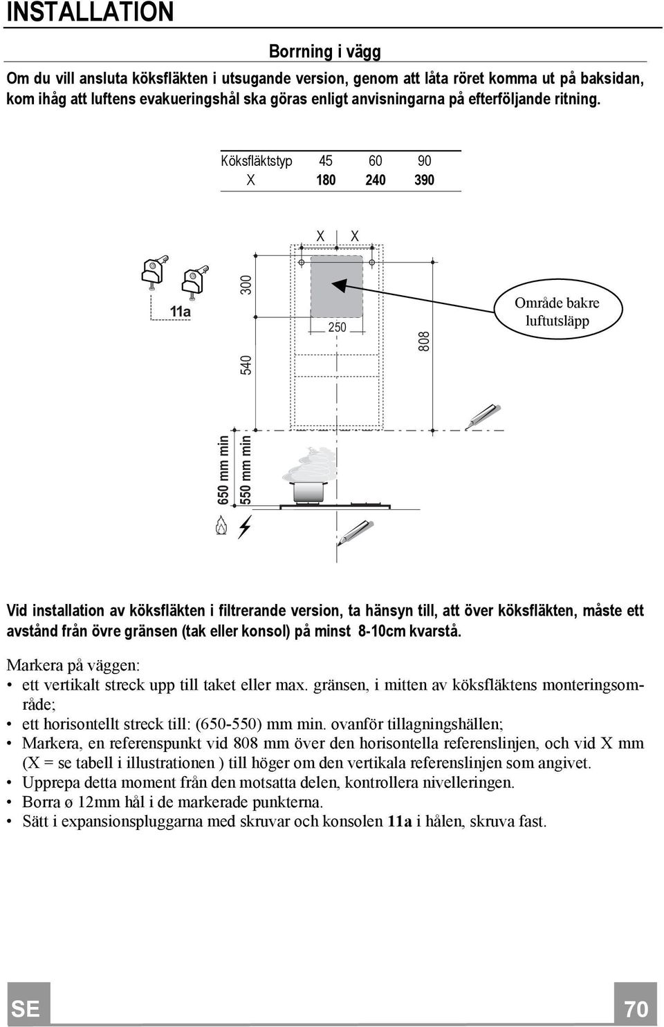 Köksfläktstyp 45 60 90 X 180 240 390 X X 11a 650 mm min 550 mm min 540 300 250 808 Område bakre luftutsläpp Vid installation av köksfläkten i filtrerande version, ta hänsyn till, att över