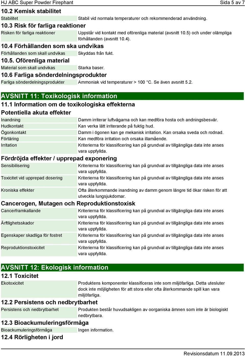 10.6 Farliga sönderdelningsprodukter Farliga sönderdelningsprodukter Ammoniak vid temperaturer > 100 C. Se även avsnitt 5.2. AVSNITT 11: Toxikologisk information 11.