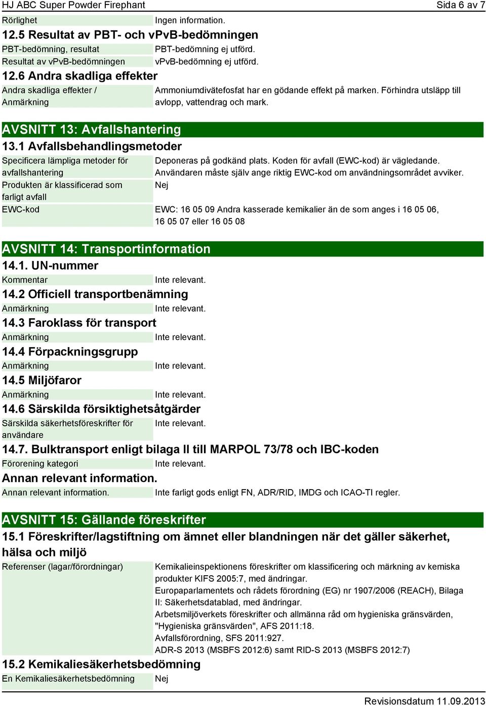 1 Avfallsbehandlingsmetoder Specificera lämpliga metoder för avfallshantering Produkten är klassificerad som farligt avfall Ammoniumdivätefosfat har en gödande effekt på marken.