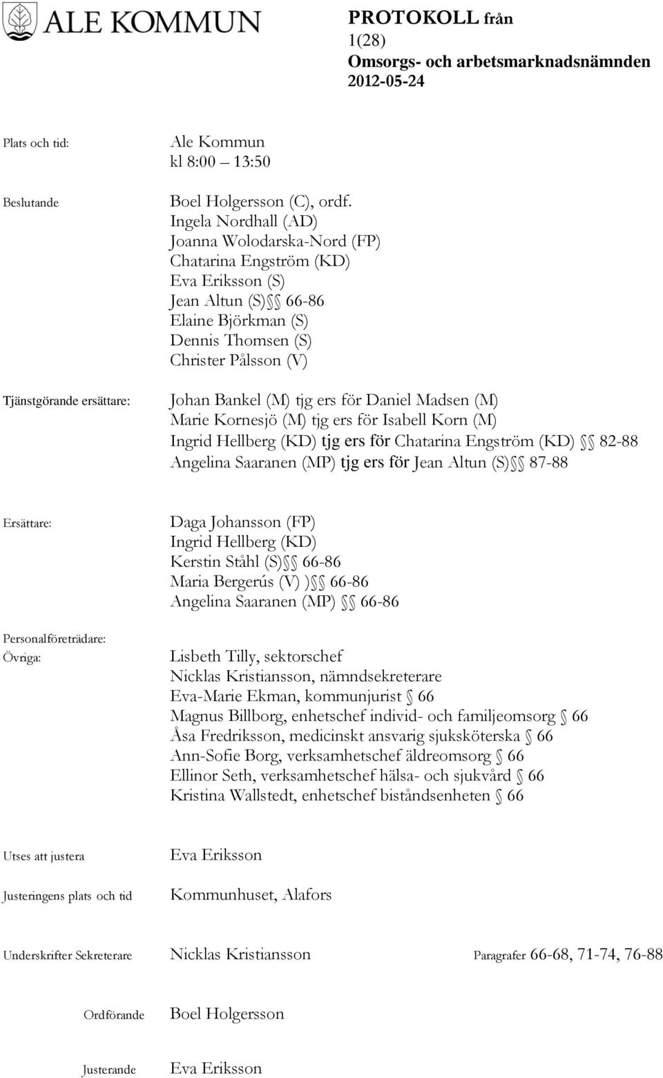 Daniel Madsen (M) Marie Kornesjö (M) tjg ers för Isabell Korn (M) Ingrid Hellberg (KD) tjg ers för Chatarina Engström (KD) 82-88 Angelina Saaranen (MP) tjg ers för Jean Altun (S) 87-88 Ersättare: